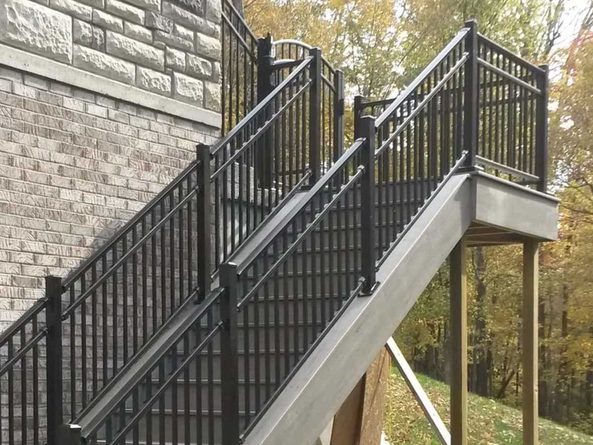 Black Aluminum Stair Railing with Arched Gate Entry – Multi-Level Outdoor Installation in Cincinnati, OH